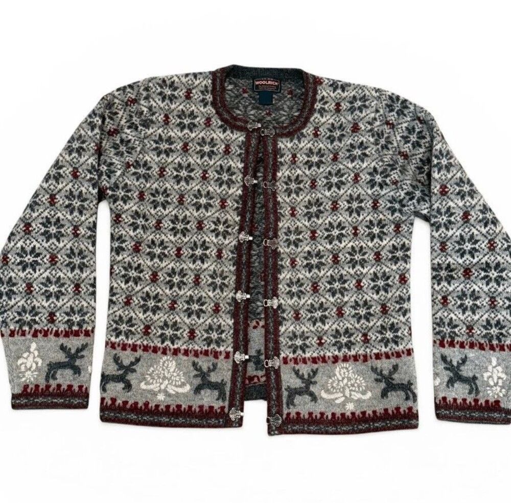 Woolrich Womens Wool Nordic Fair Isle Gray Cardigan Sweater Sz Medium